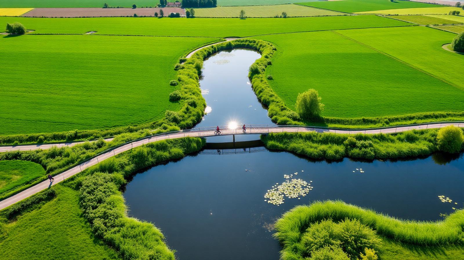 Provincie Limburg — Limburgs landschap met fietspad door het water — natuur en logistiek in Limburg