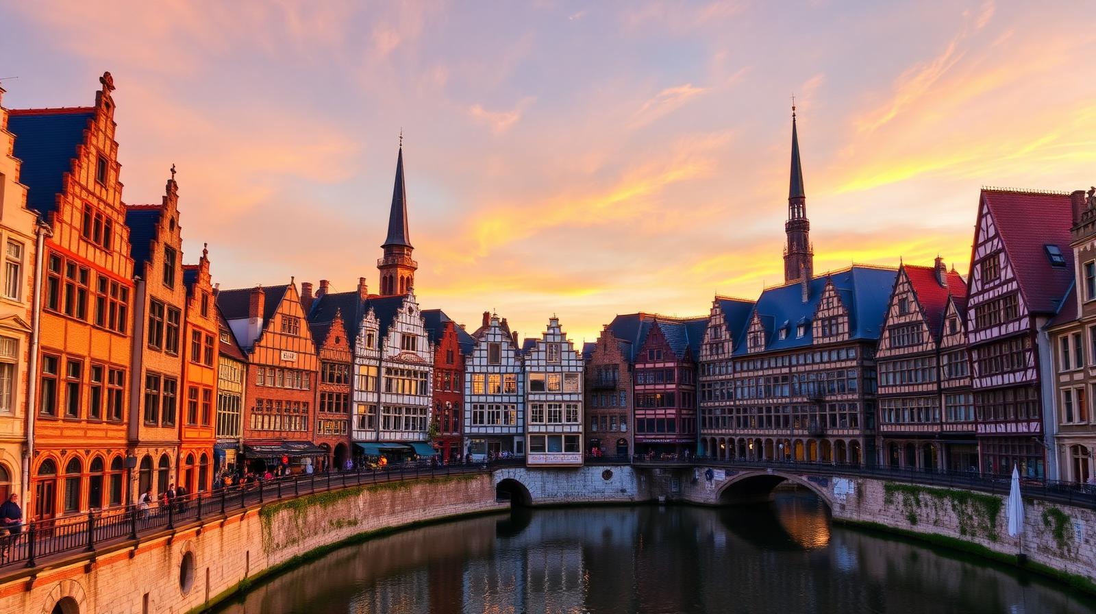 Provincie Oost-Vlaanderen — Historische Gentse Graslei bij zonsondergang — Oost-Vlaamse stadskern